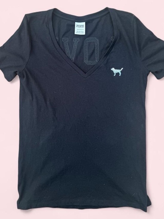PINK Victoria's Secret Tops - PINK Victoria's Secret Black Tee with Light Blue Dog Accent